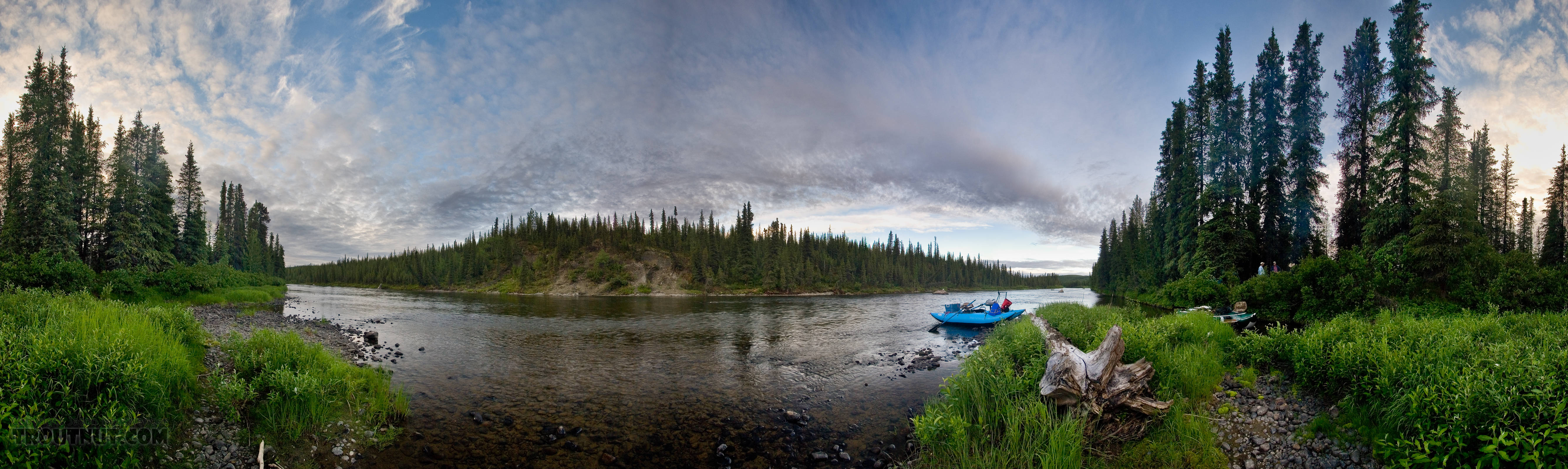 I love this 360-degree panorama of our campsite after a nice day of fishing the Gulkana.  Back in the trees my dad (on the right) is chatting with "Moose" from Blue Moose Rafting (on the left). From the Gulkana River in Alaska.