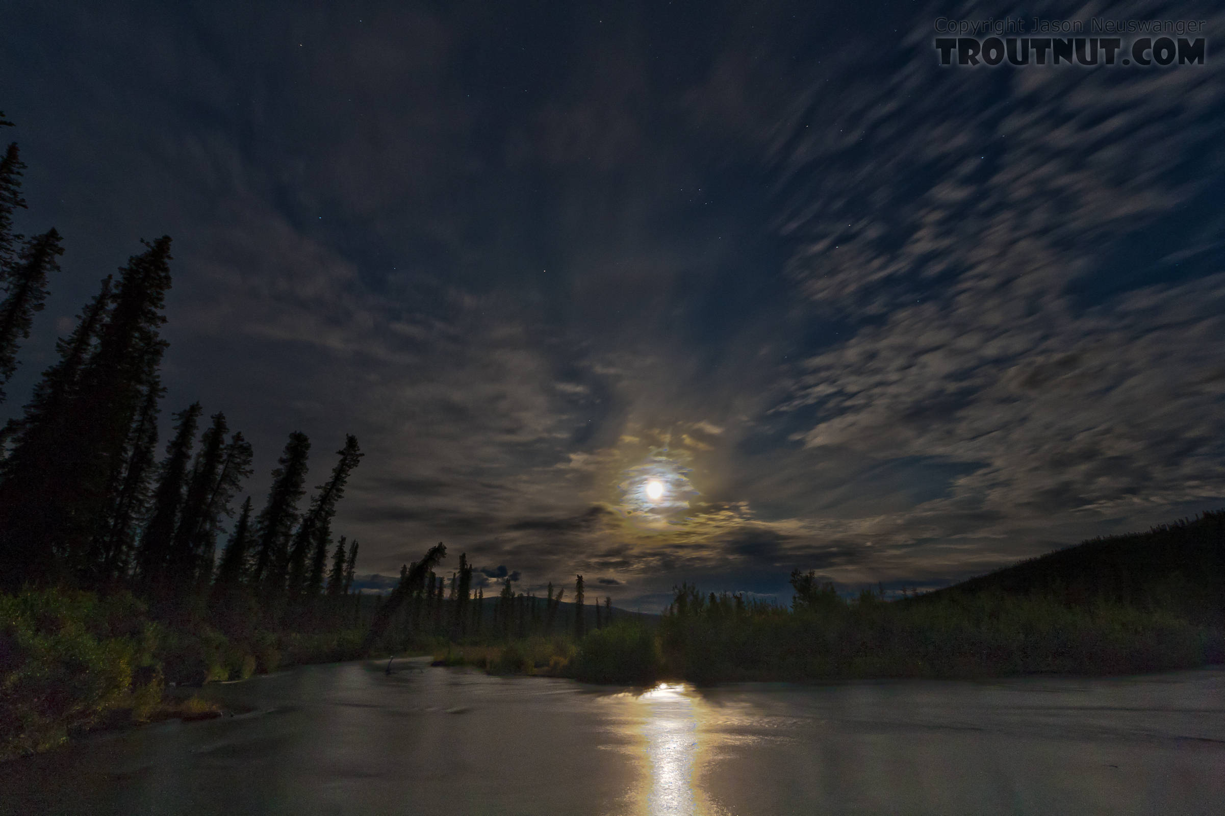 The upper Gulkana, moonlit shortly after midnight. From the Gulkana River in Alaska.