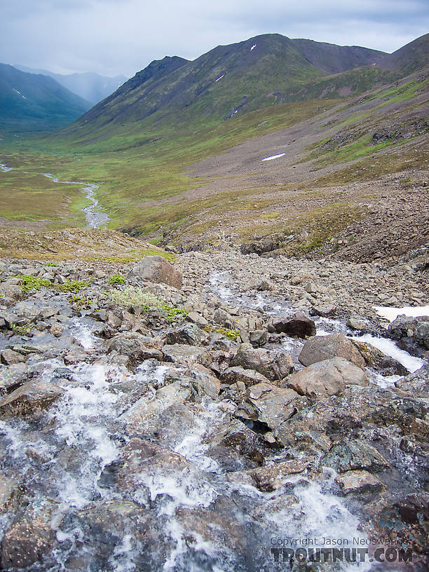 High rocks at the beginning of a little mountain stream From the South Fork of Pass Creek in Alaska.