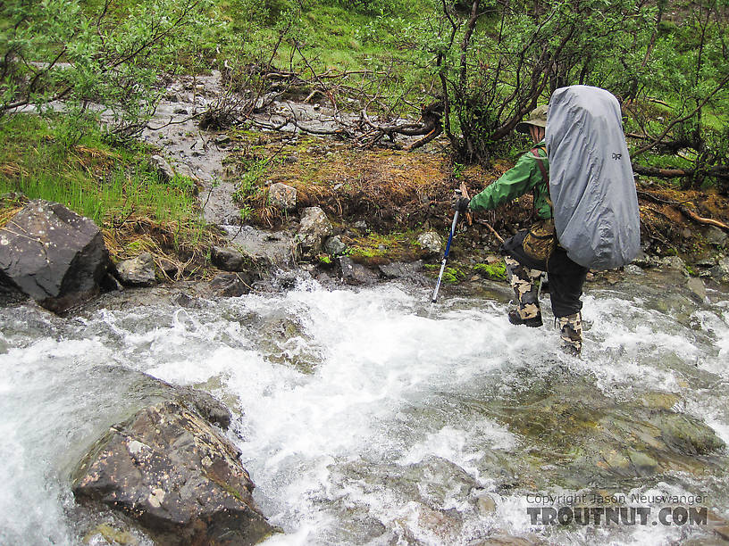 Crossing a tributary of Windy Creek. My waterproof leather boots & Kuiu gaiters kept my feet dry here, but I had less luck in the thigh-deep holes of whitewater in rain-swollen Windy Creek itself a couple hours later. From Clearwater Mountains in Alaska.