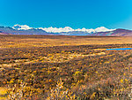 Alaska Range from Mile 52 Denali Highway. The left-most double peak is 12,510-foot Mt Shand (left) and 13,020-foot Mt Moffit (right). The other two tall peaks, middle and right, are unnamed (at least on Google Earth). The peak on the horizon about 2/3 of the way from Mt Moffit to the unnamed middle peak is 11,400-foot McGinnis Peak. From Denali Highway in Alaska.