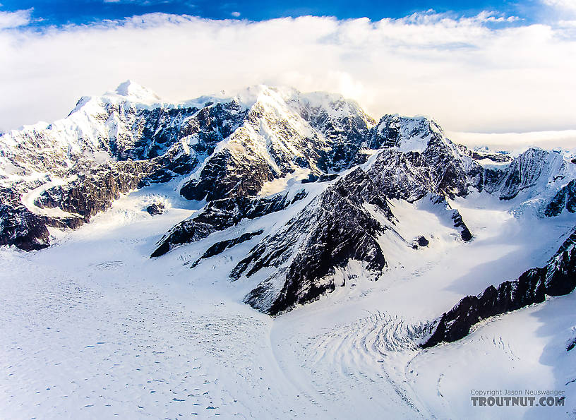 Looking north up the Kahiltna Glacier at Mt Hunter (left) and So From Denali National Park in Alaska.