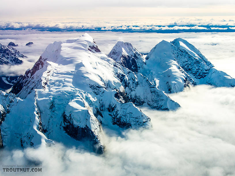 Peaks near the head of the Tokositna Glacier From Denali National Park in Alaska.
