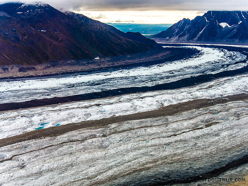 View down the Ruth Glacier from the lake From Denali National Park in Alaska.
