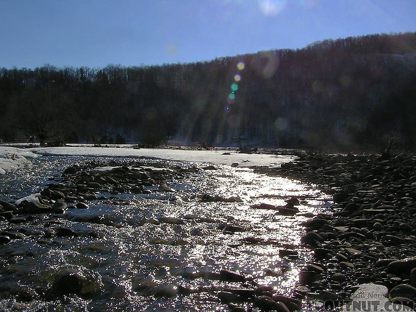 A small tributary tumbles toward a large Catskill river. From the West Branch of the Delaware River in New York.