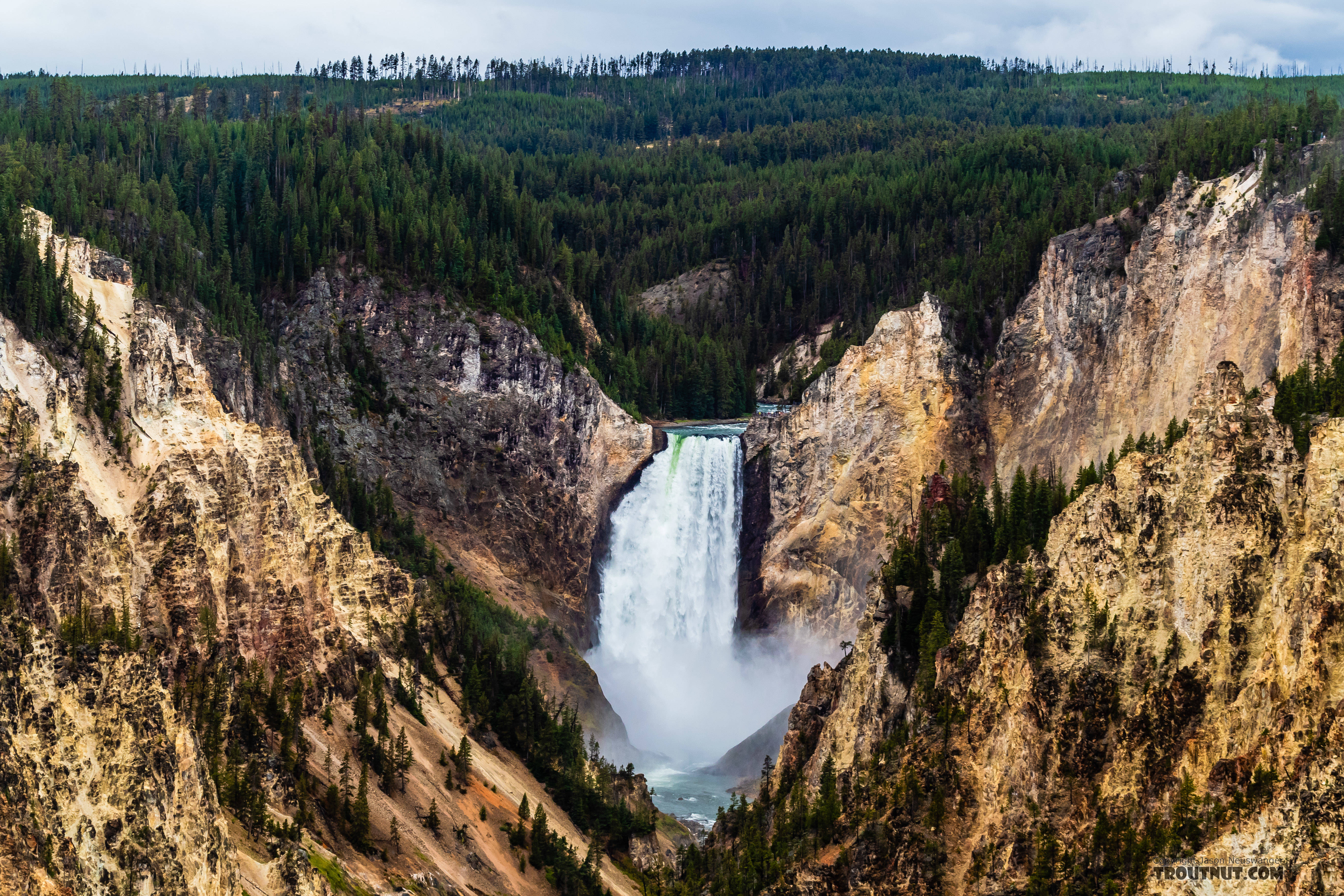 The main waterfall at the head of the Grand Canyon of the Yellowstone From the Yellowstone River in Wyoming.