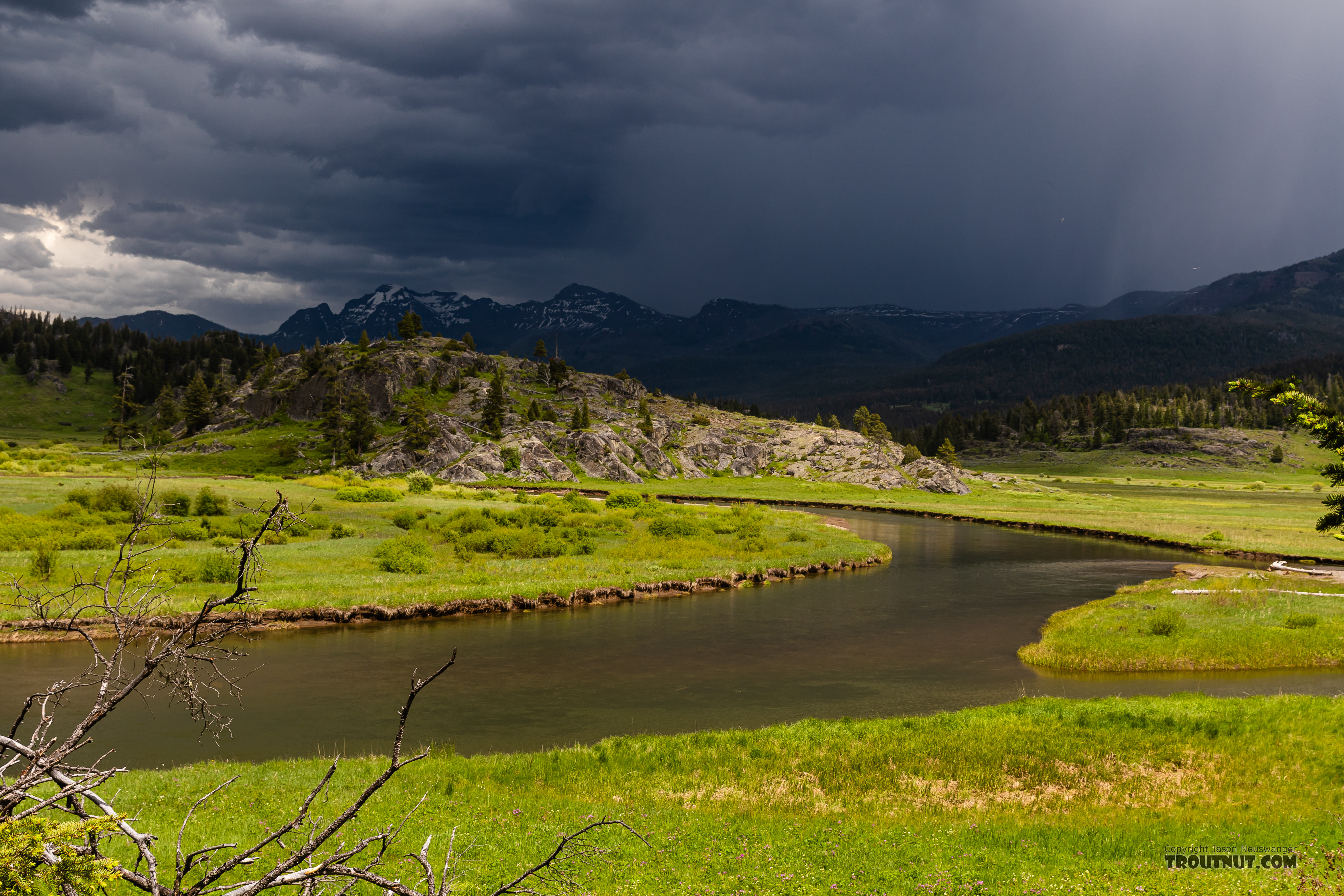 We were lucky to be able to fish through this storm as it skirted around us to the north, giving us just enough clouds to prompt a BWO hatch but keeping the lighting at a safe distance. From Slough Creek in Wyoming.
