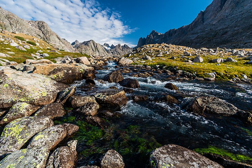 Outlet stream of Upper Titcomb Lake From Titcomb Basin in Wyoming.