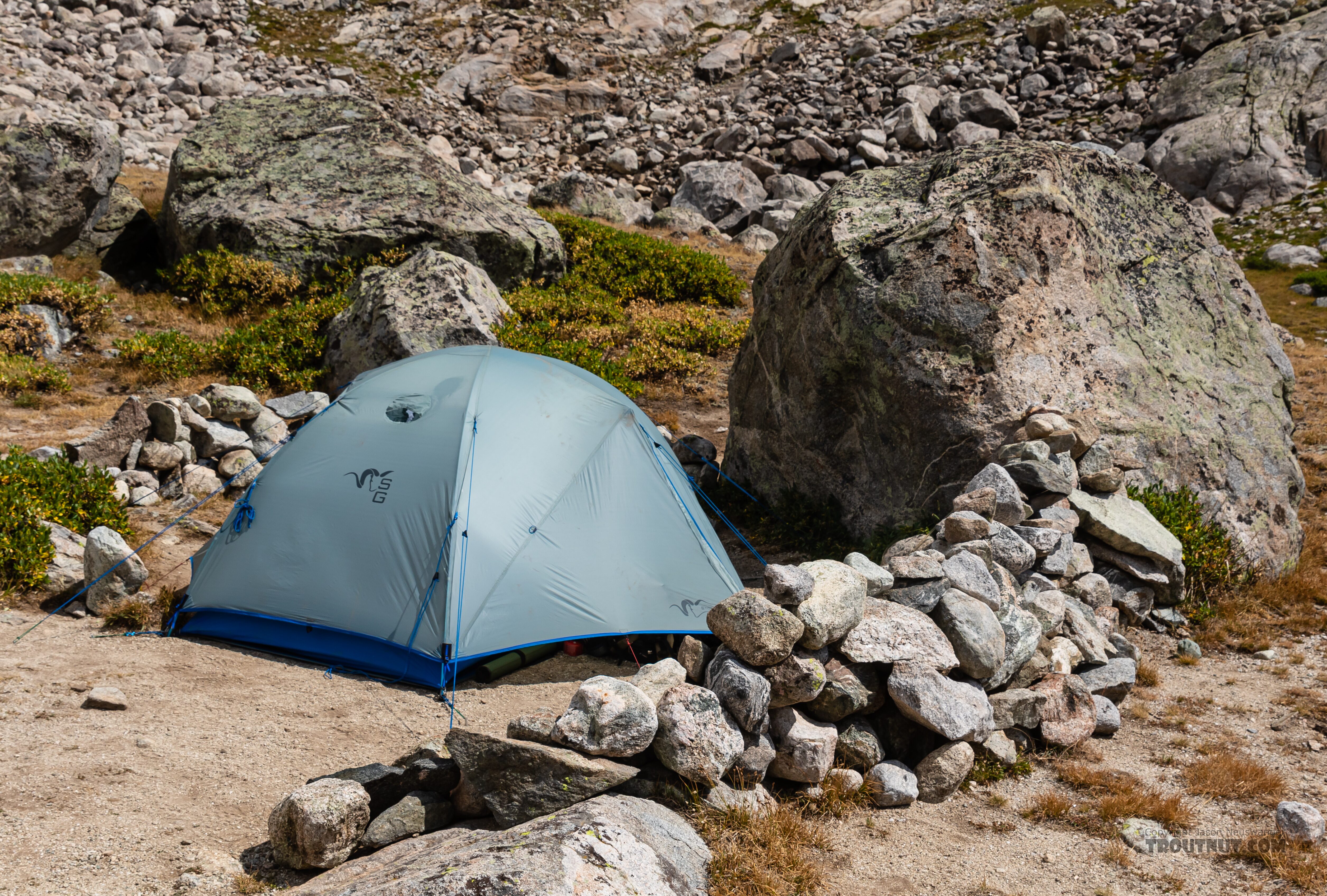 Camp sheltered from the wind From Titcomb Basin in Wyoming.