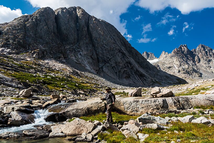 Fishing the inlet to Upper Titcomb with no luck From Titcomb Basin in Wyoming.