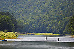 Several anglers fish the tail of a famous pool, loomed over by a Catskill mountain. From the Delaware River, Junction Pool in New York.