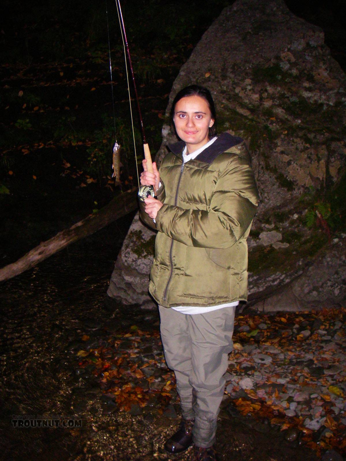 Lena's first trout on the fly -- a heavily colored male brookie of a respectable size for his tiny stream.  I left her with the rod and a nymph and walked downstream to man the camera, then I turned around and she was waving this trout around in the air.  A pleasant surprise! From Mystery Creek # 89 in New York.