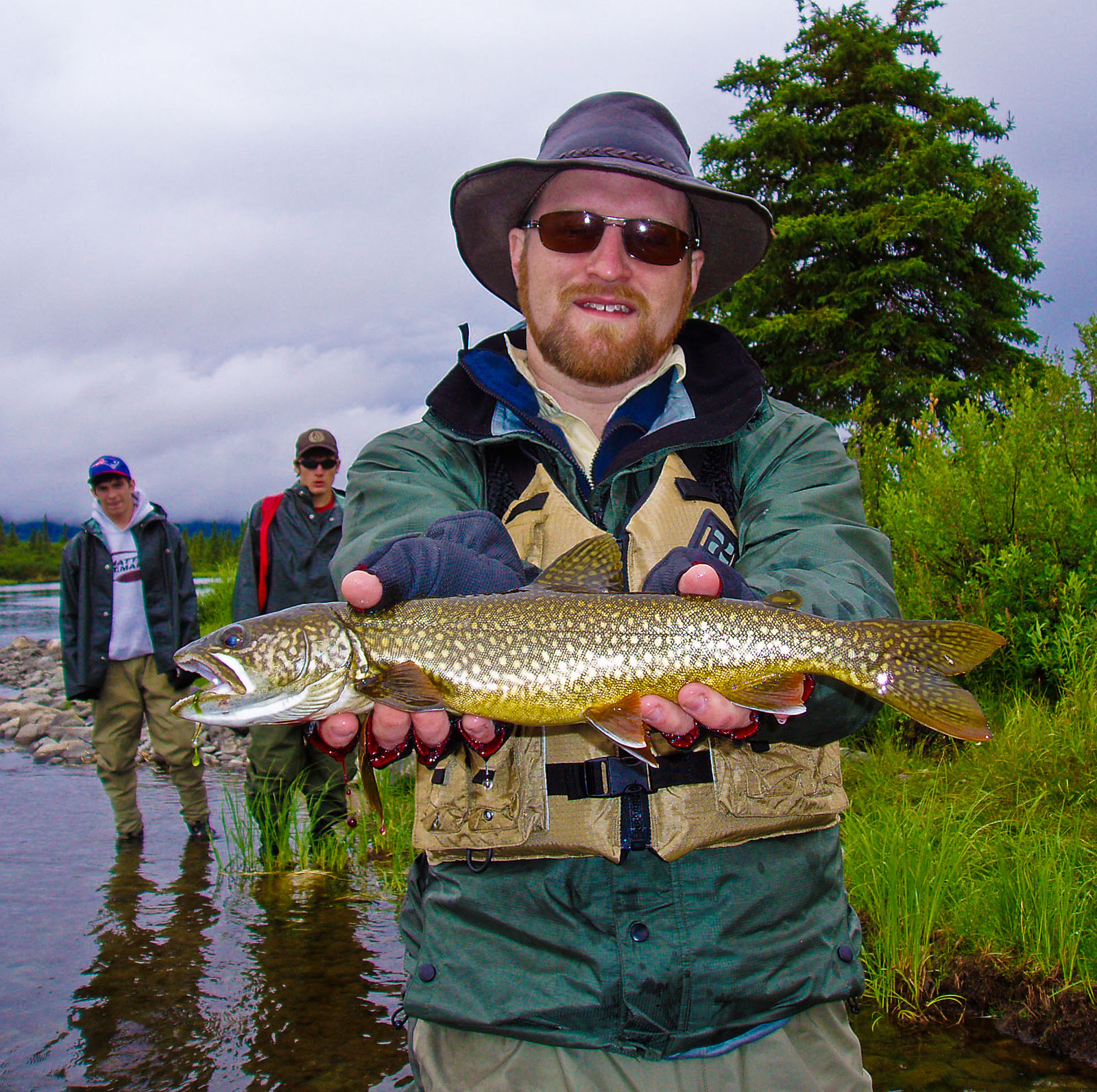 This is my first-ever lake trout, caught on a spinner before we stopped to unpack the fly rods near the beginning of a 4-day float trip.  I caught another of about the same size soon thereafter.  The coloration is incredible compared to other lakers I've seen -- a much more believable cousin to the brook trout. From the Gulkana River in Alaska.