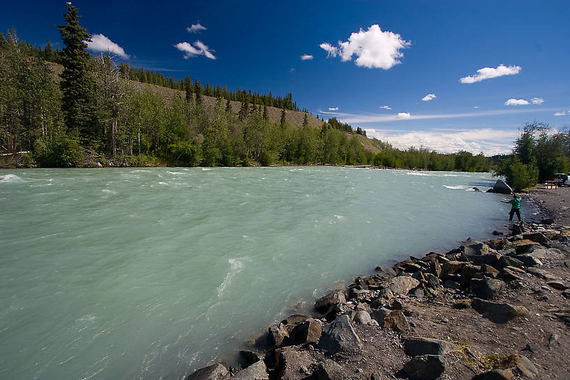 This glacial river's blue-green water is incredibly opaque, but much prettier than the gray-brown of most other glacial rivers.  It is also fishable, though I prefer more clarity. From the Klutina River in Alaska.