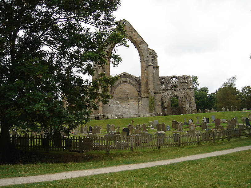 Bolton Abbey was destroyed by King Henry VIII.  The graveyard is still active, as is a rebuilt section of the church behind this part.  