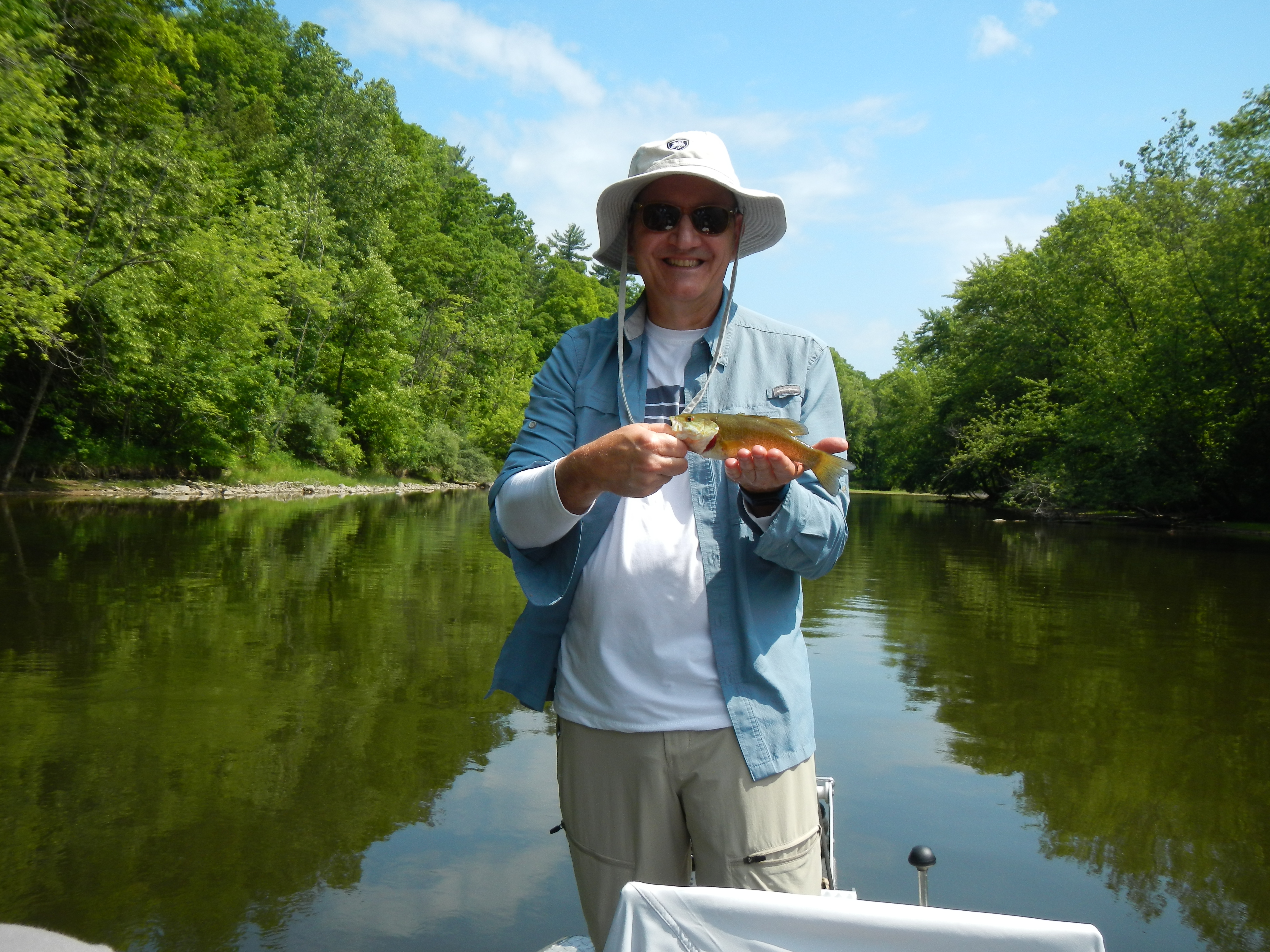 Joe's first smallmouth on a fly rod, working a blue popper