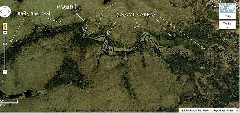 I hope posting Google Maps isn't illegal or anything, there's the copyright on the bottom atleast.  River flows from right to left.